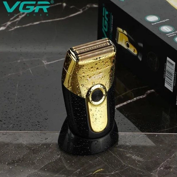 Бездротова електробритва для гоління обличчя з USB та LED-індикатором VGR V-383 Pro Золотистий з чорним + Підставка 10673 фото