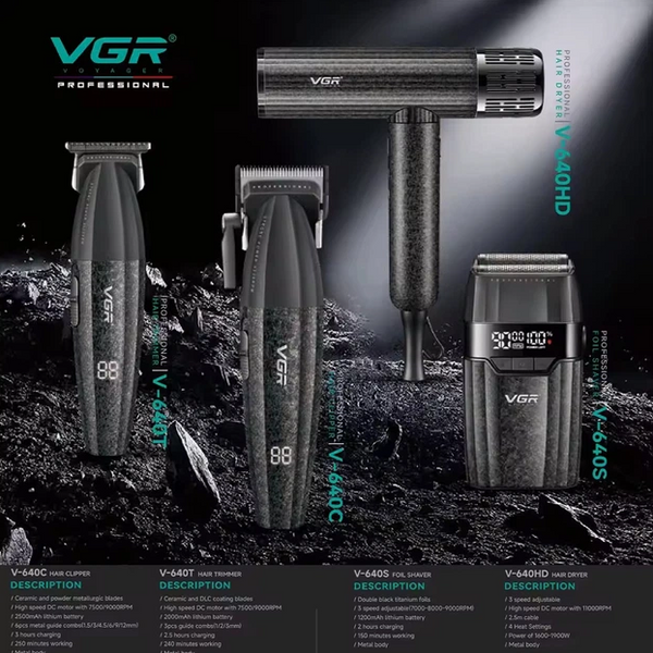 Набор для стрижки VGR 4 в 1 V-640 S4 BLACK, машинка для стрижки (clipper), триммер, электробритва (шейвер), фен 10632 фото