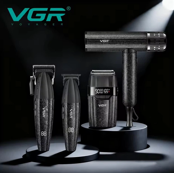Набор для стрижки VGR 4 в 1 V-640 S4 BLACK, машинка для стрижки (clipper), триммер, электробритва (шейвер), фен 10632 фото