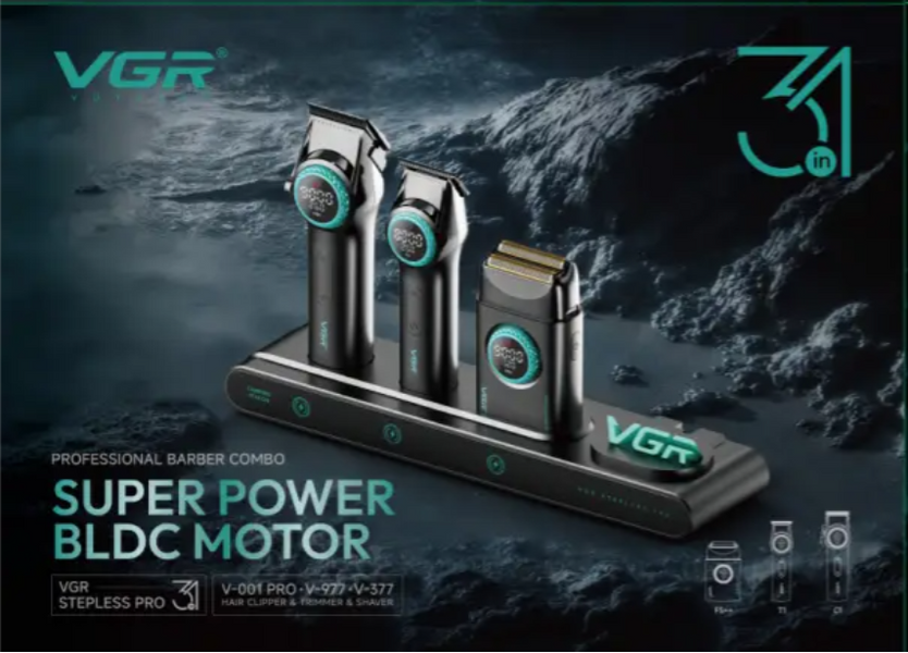 Комплект для стрижки VGR STEPLERSS PRO 3 IN 1 BLACK, машинка для стрижки (Clipper), тример, шейвер 10435 фото