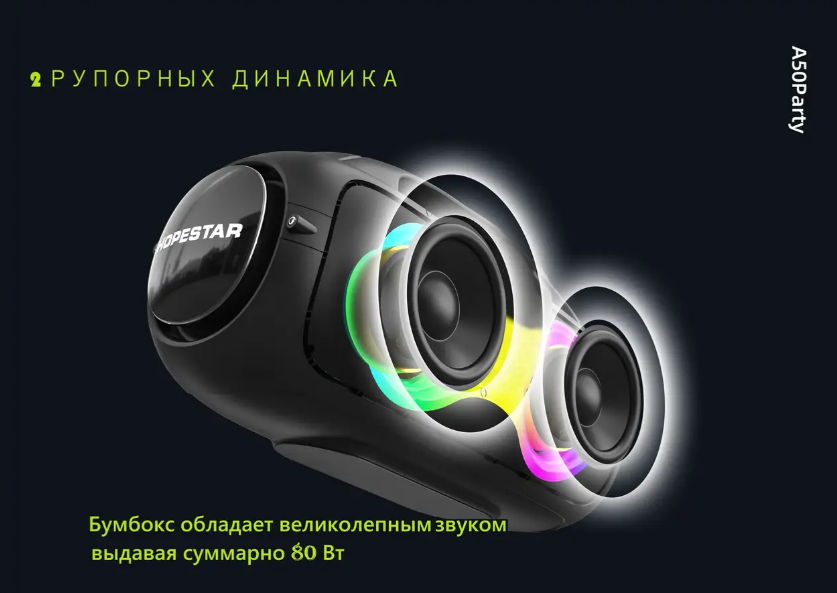Портативная Bluetooth колонка, (80W), Hopestar A50 PARTY, (с RGB-подсветкой) 91027 фото