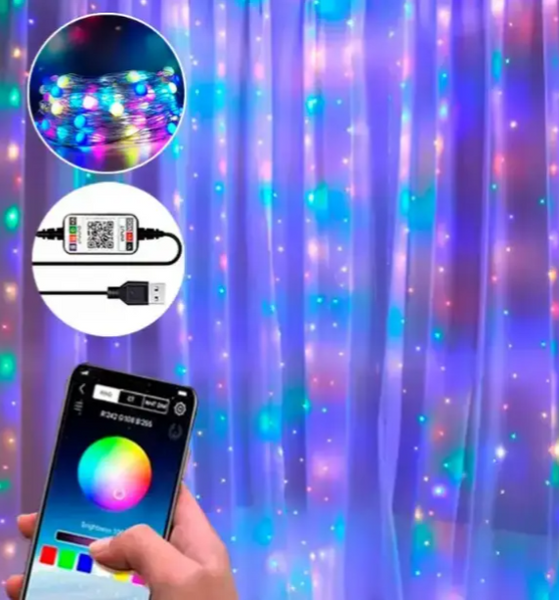 Розумна гірлянда штора USB управління через телефон-пульт APP Bluetooth RGB 200LED 3x2м від павербанка 16901 фото
