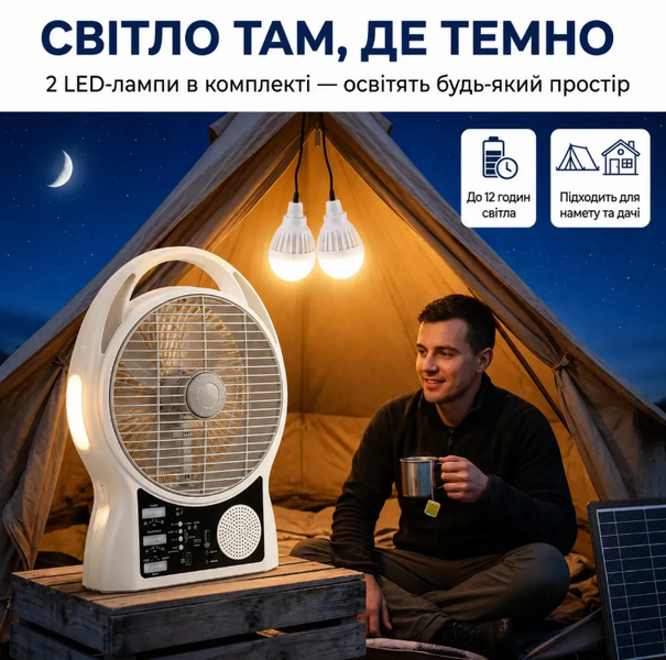 Вентилятор портативний Solar 5-в-1 6 Вт акумулятор 5500 мАч з Bluetooth, LED-підсвіткою, FM-радіо, powerbank, USB Type-C, білий 17199 фото