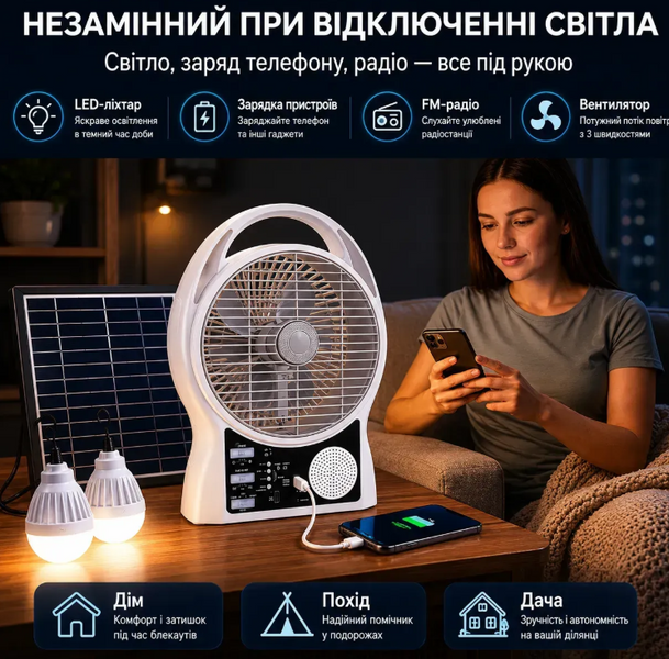 Вентилятор портативний Solar 5-в-1 6 Вт акумулятор 5500 мАч з Bluetooth, LED-підсвіткою, FM-радіо, powerbank, USB Type-C, білий 17199 фото
