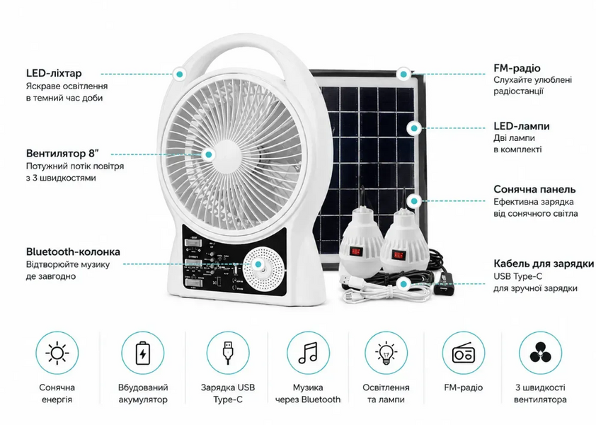 Вентилятор портативний Solar 5-в-1 6 Вт акумулятор 5500 мАч з Bluetooth, LED-підсвіткою, FM-радіо, powerbank, USB Type-C, білий 17199 фото