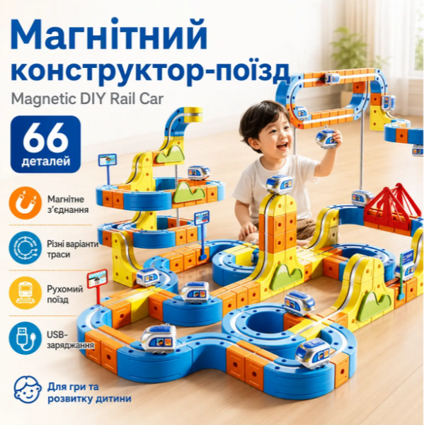 Магнітний конструктор-поїзд Magnetic DIY Rail Car, 68 деталей 17820 фото