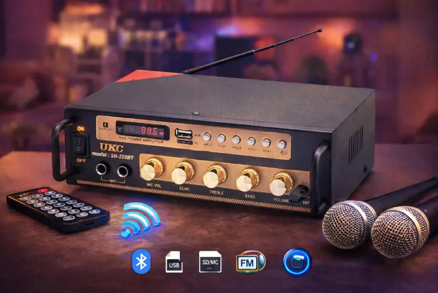 Усилитель звука двухканальный с USB и Bluetooth и пульт ДУ, AMP SN-222 BT/ Автомобильный аудио усилитель 04841 фото